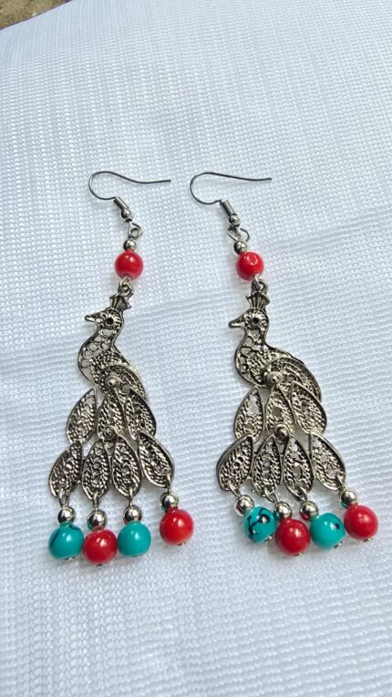 Vibrant Peacock & Bead Hook Earrings by Zara Jio