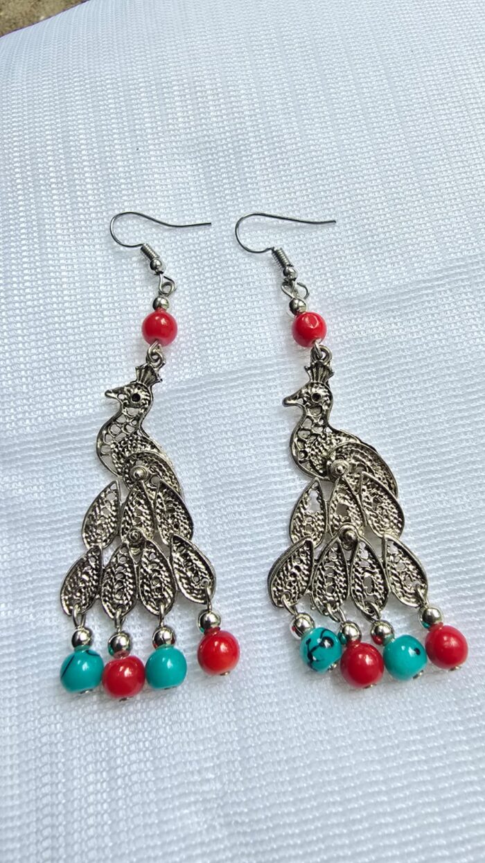 Vibrant Peacock & Bead Hook Earrings by Zara Jio - Image 1