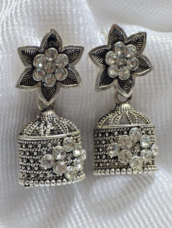 Oxidized Silver Jhumkas with Dazzling Kundan Stones by Zara Jio - Image 1