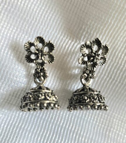 Timeless Oxidized Silver Jhumkas with Floral Detail by Zara Jio