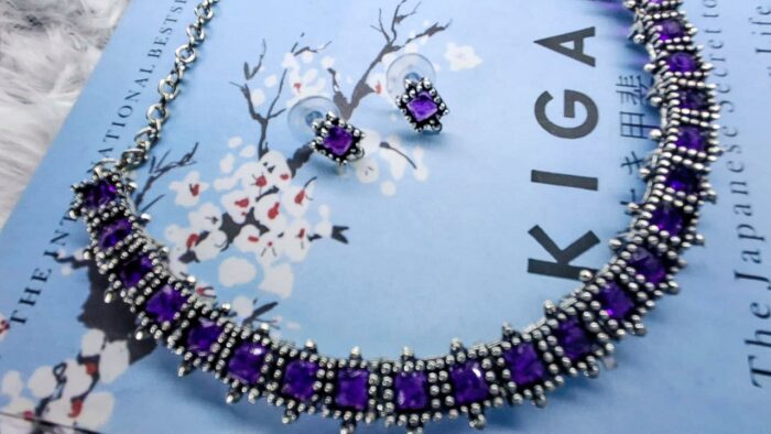 Boho Chic: Purple Stone Oxidized Necklace & Earring Set by Zara Jio - Image 1