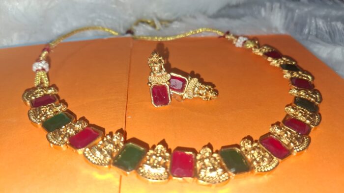 Festive Glow: Red & Green Stone Necklace & Earring Set By Zara Jio - Image 3