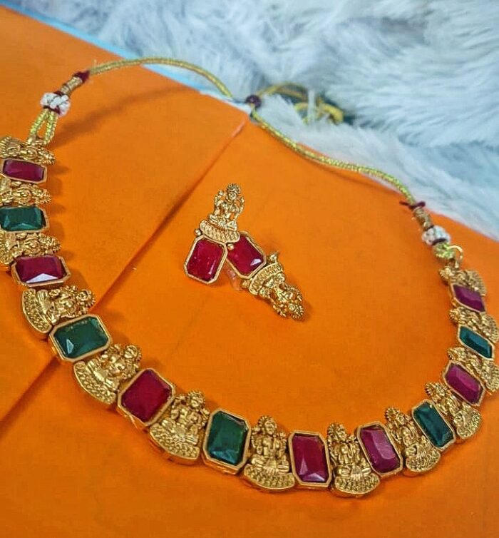 Festive Glow: Red & Green Stone Necklace & Earring Set By Zara Jio - Image 1