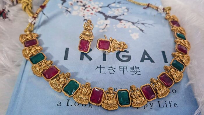 Festive Glow: Red & Green Stone Necklace & Earring Set By Zara Jio - Image 2