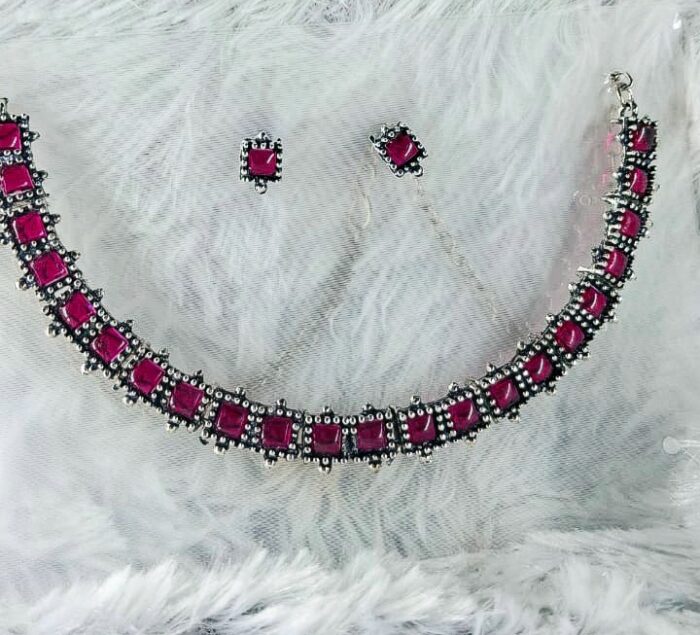 Dazzling Ruby Hues: Oxidized Choker & Earring Set by Zara Jio - Image 1