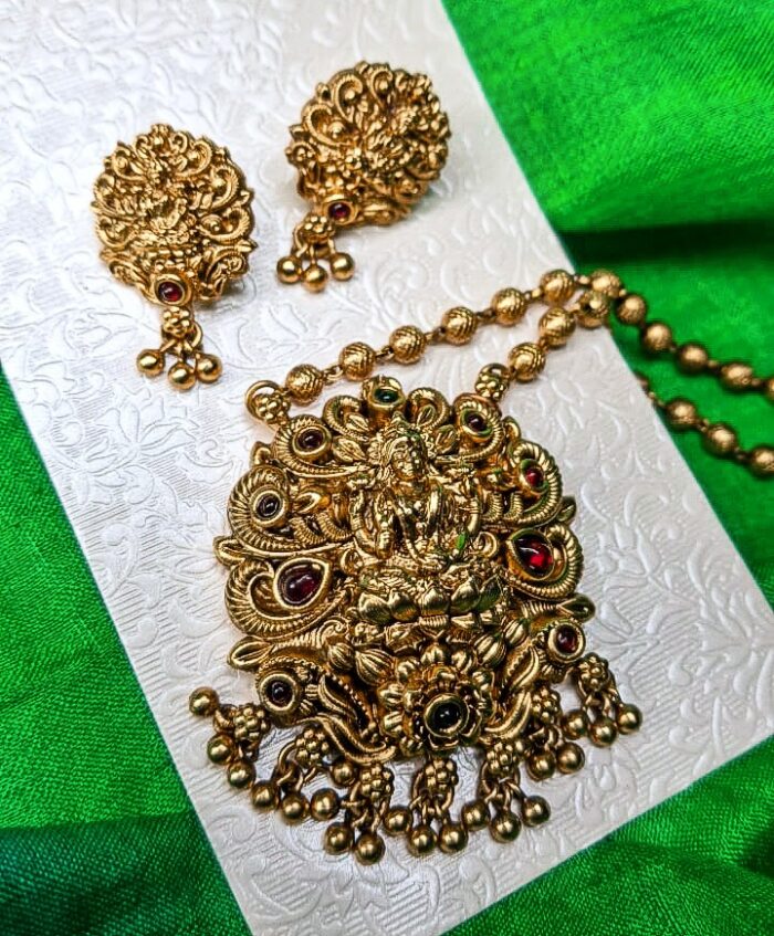 Antique Gold-Toned Temple Jewelry Set with Maroon Stones by Zara Jio - Image 1