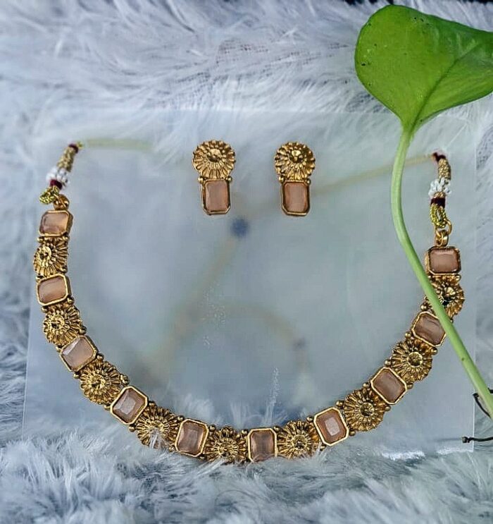 Gold-Toned Necklace with Peach Pastel Stones by Zara Jio - Image 2