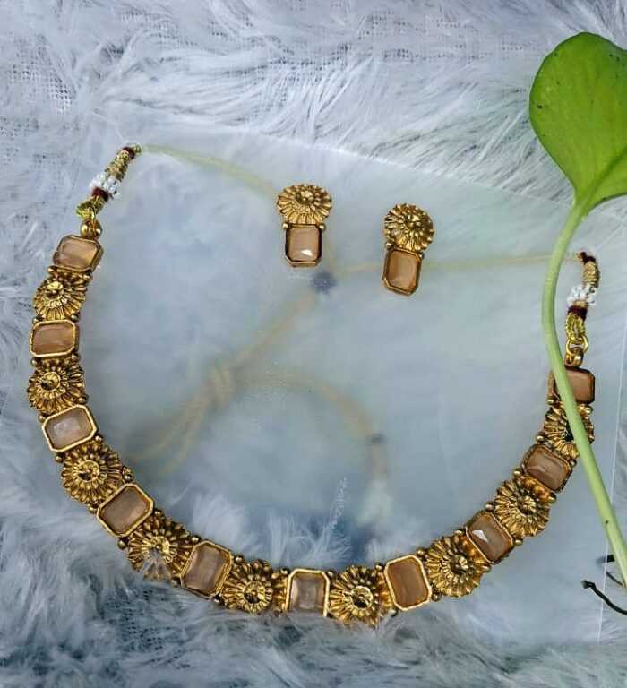 Gold-Toned Necklace with Peach Pastel Stones by Zara Jio - Image 1