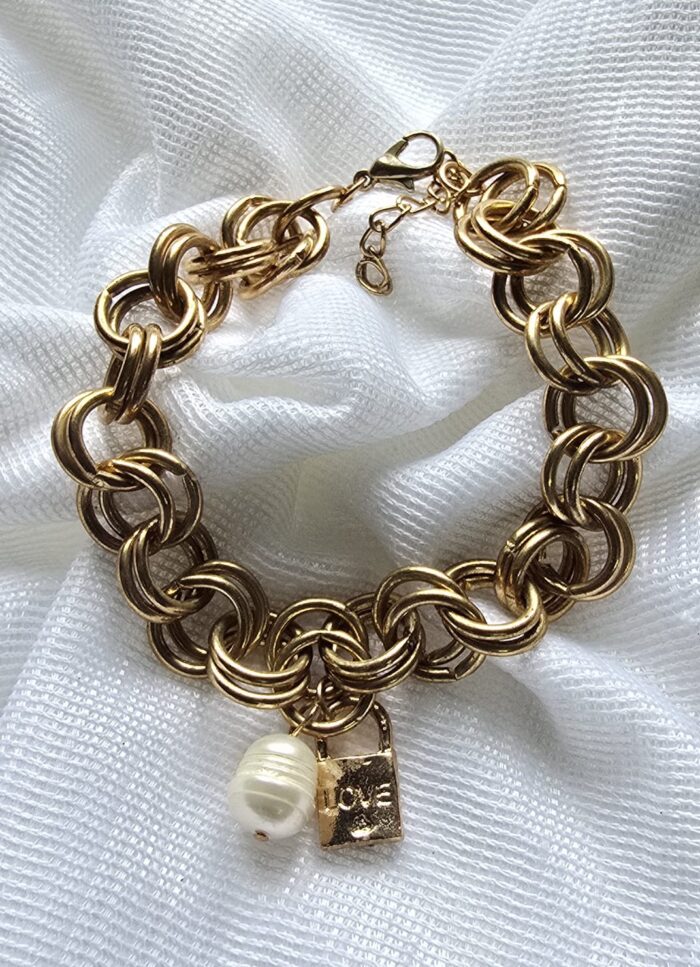 Gold Link Bracelet with Pearl & Lock by Zara Jio - Image 1