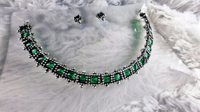 Chic Green Stone Choker & Studs by Zara Jio - Image 1