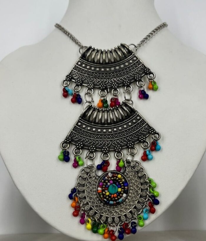 Festive Oxidized Silver & Multicolored Ghungroo Necklace by Zara Jio - Image 1