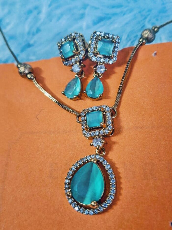 Dazzling Aqua Blue Stone Necklace Set by Zara Jio - Image 1
